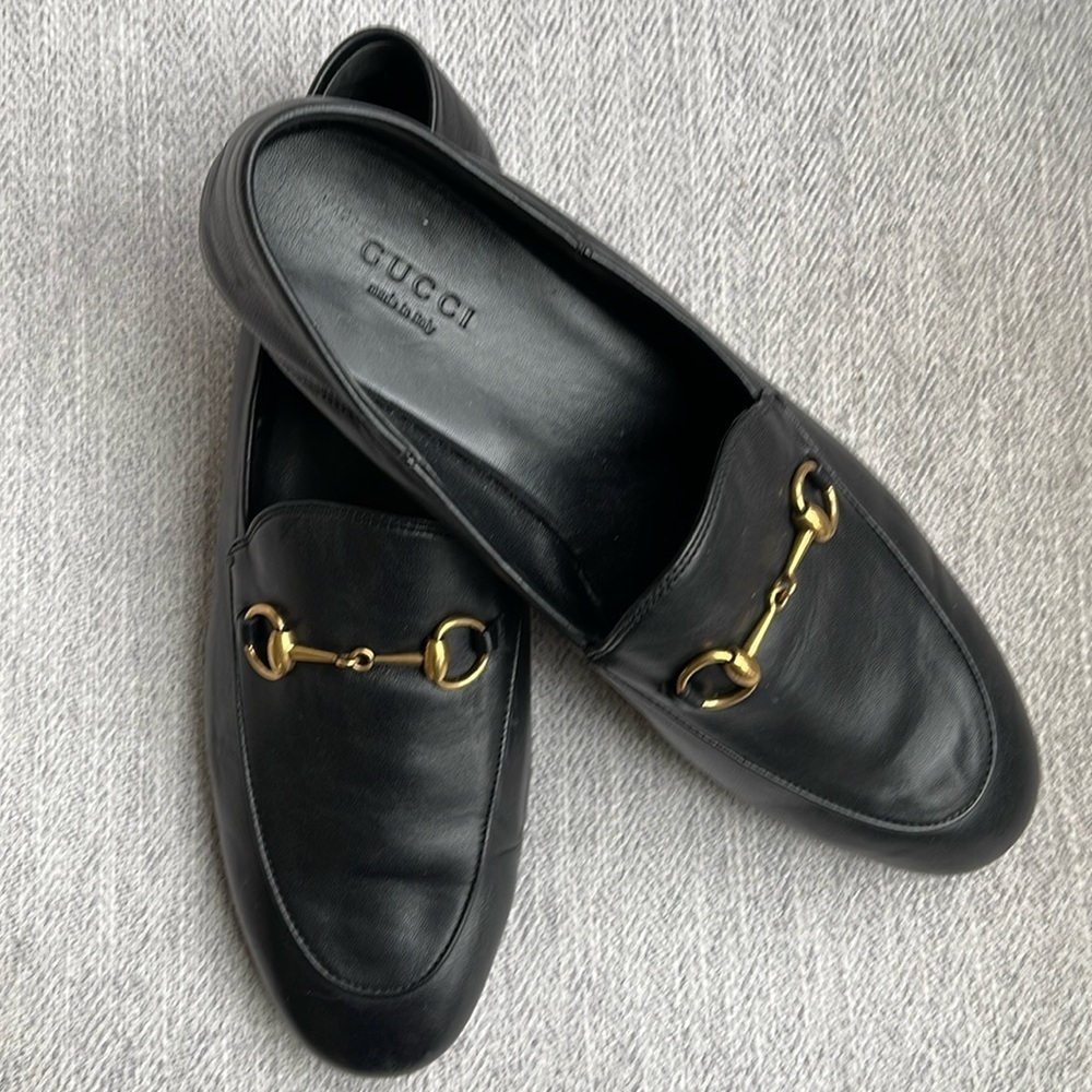 Gucci Brixton Black Leather Goldtone Horsebit Hardware Foldable Loafer Mule - Picture 2 of 15